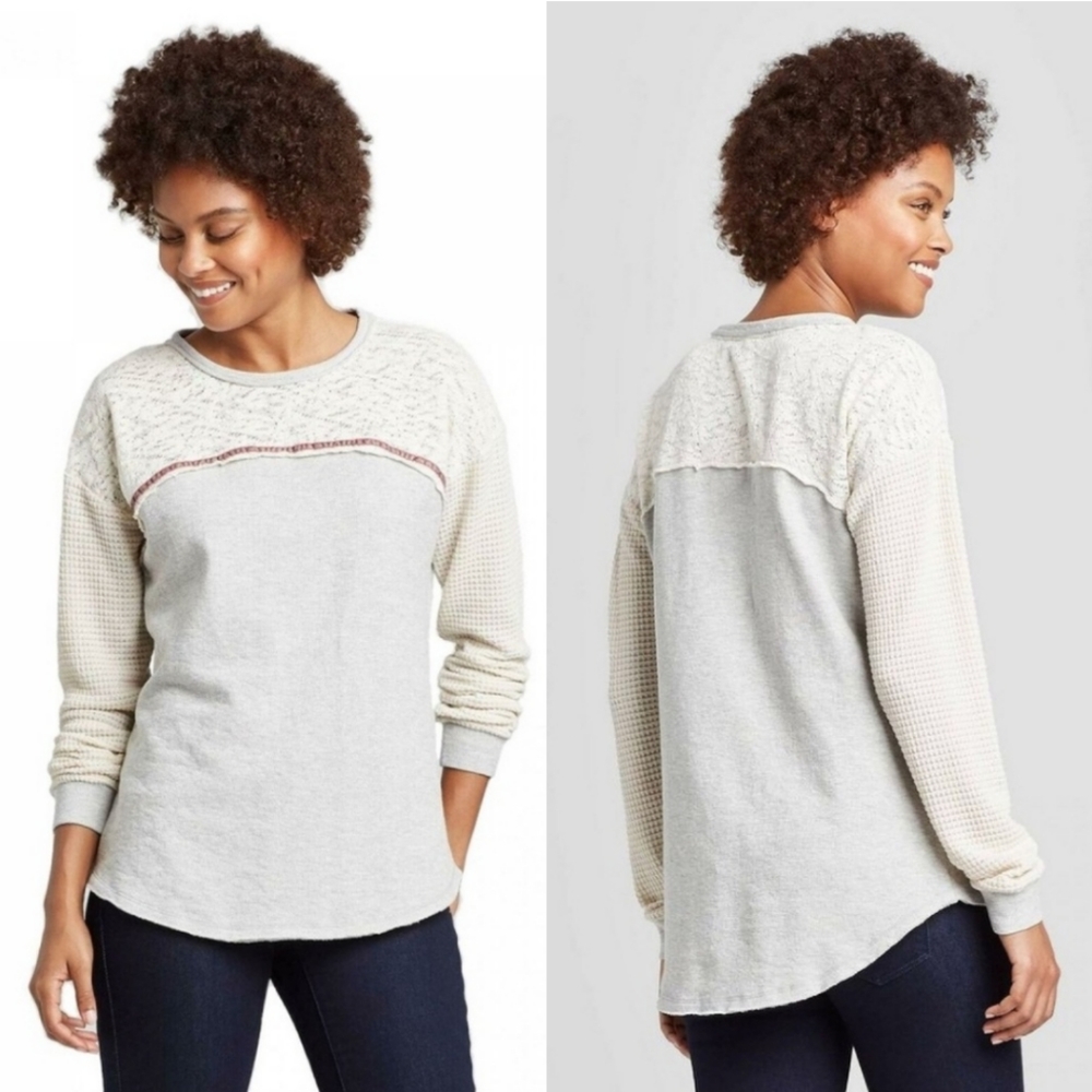 Knox Rose Mixed Media Ribbed Knit/Lace/Waffle Knit Long Sleeve Boho Top PLUS XXL